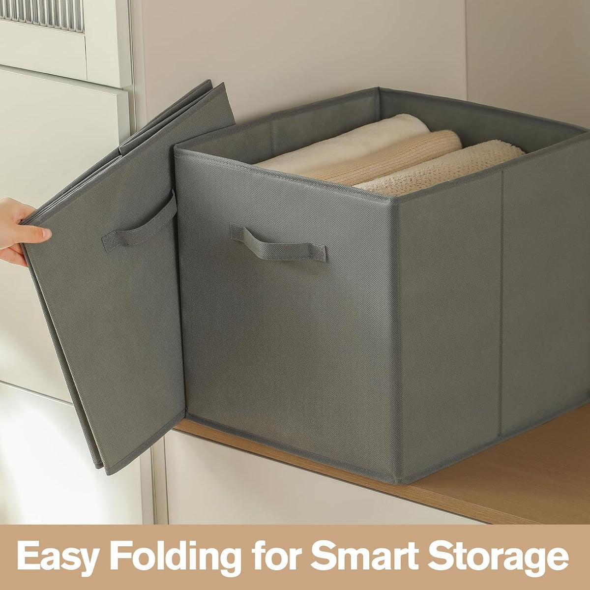 Foldable Storage Bins with Handles, 10.5x10.5x11 Inch Collapsible Non-Woven Fabric Storage Cubes, 3 Pack for Closet Shelves Nursery Home Office