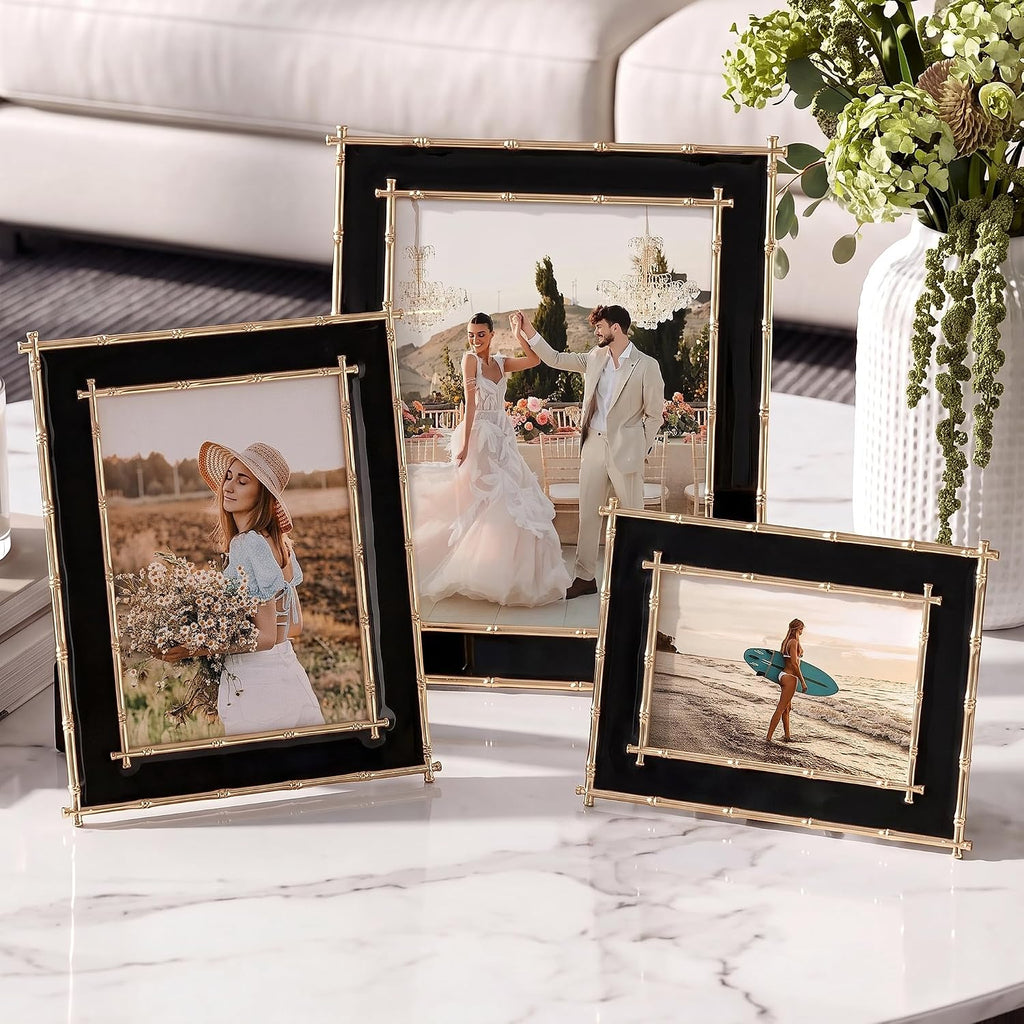 4x6 Picture Frame Black Enamel, Gold Bamboo Design Edge, Tabletop, 1pc