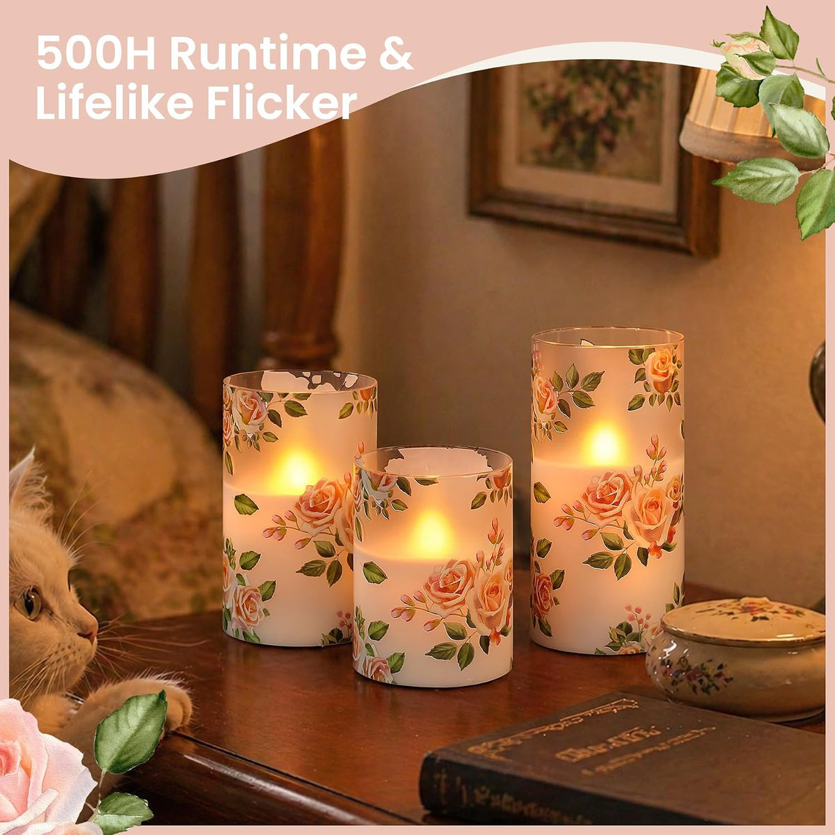 Pink Rose Flameless LED Pillar Candles with Remote, Pack of 3 Glass Shell Flickering Electric 3D Wick Warm Light Real Wax Battery Operated Fake Timer Lighting, 3" x 4" 5" 6" Home Decor