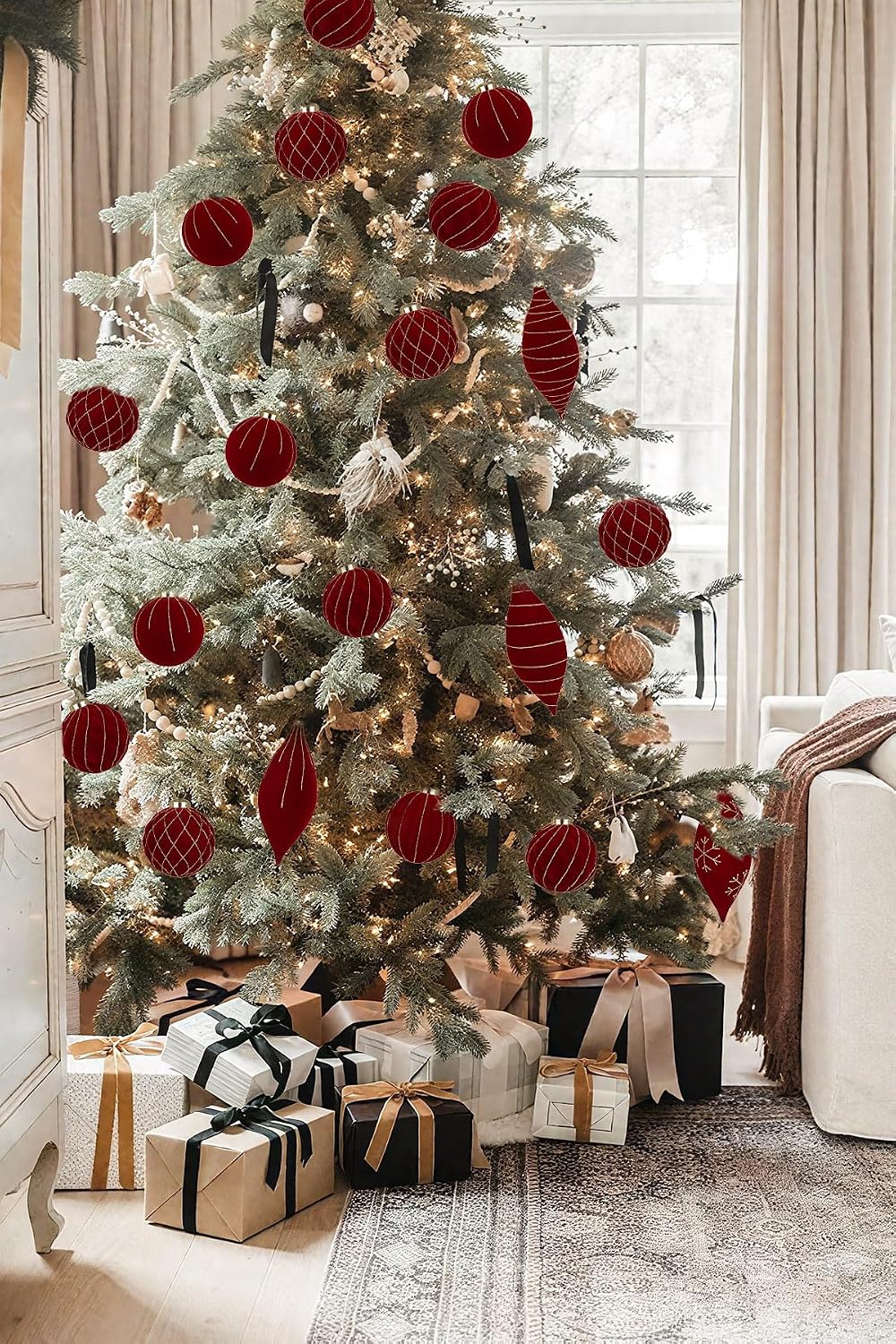 12PCS Velvet Christmas Ornaments Balls 3.15/6.6 Inch Flocked Ornament Sets Glitter Balls for Xmas Hanging Ornaments Decoration Wedding Party Holiday Decor - Classic Red