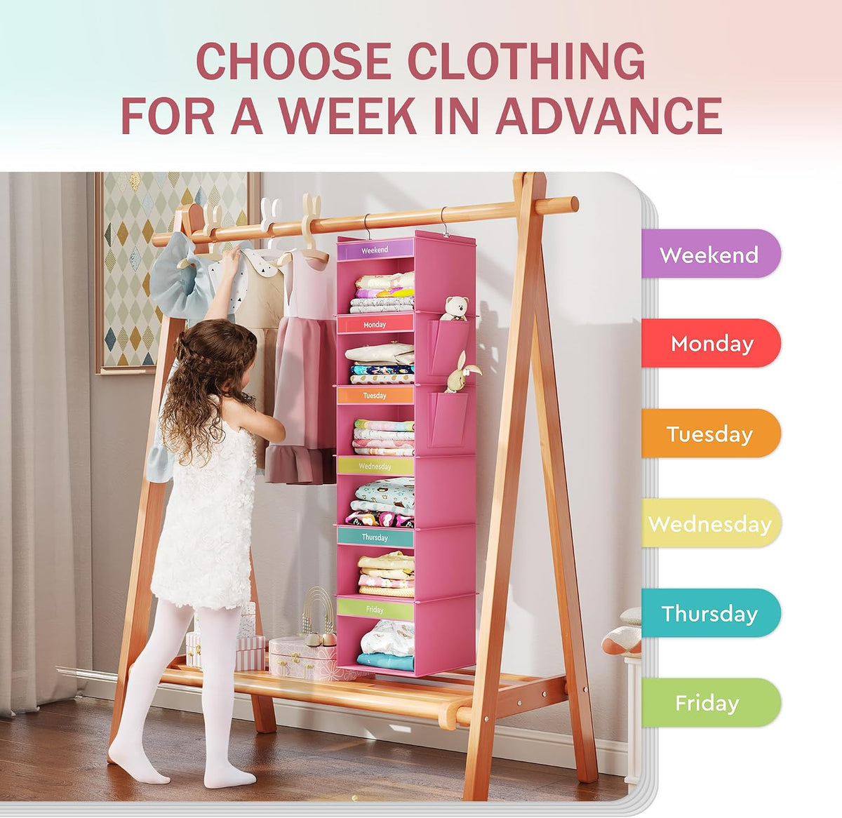 YOUDENOVA Weekly Clothes Organizer for Kids, Hanging Closet Organizer, Pink