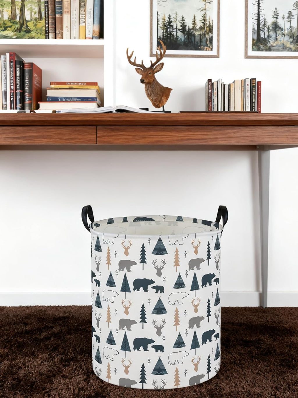 ESSME Kids Laundry Basket,Bear Hamper Collapsible Canvas Waterproof Storage Bin forBoys, Woodland Hamper,Gift Baskets(Bear)