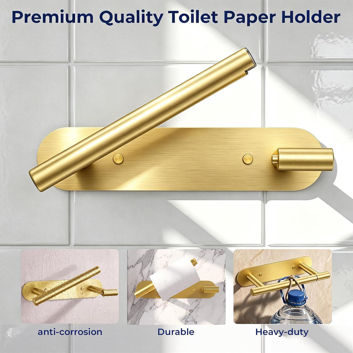 Adhesive or Screw Toilet Paper Holder, Brushed Gold Toilet Roll Holder