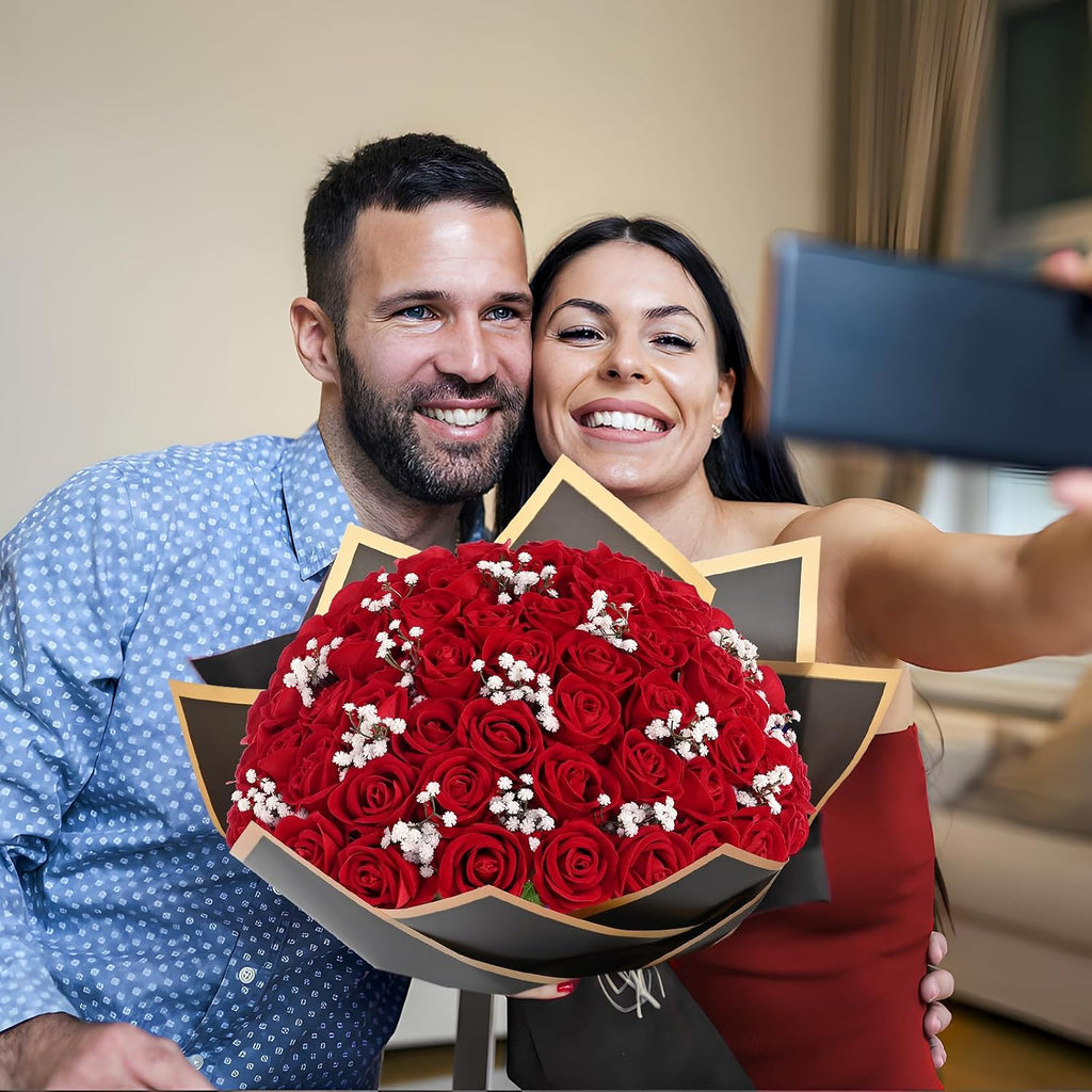 Waipfaru 50 Pcs Red Roses with Baby Breath