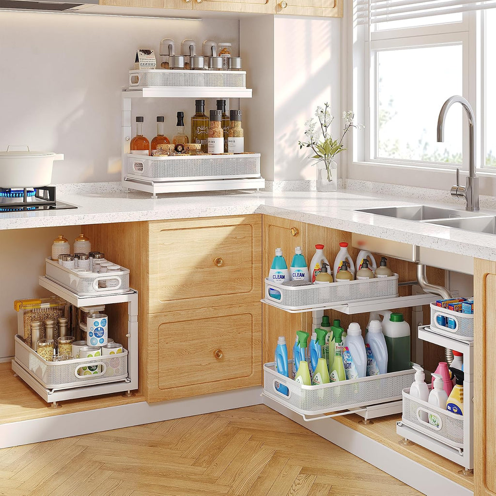 2-Pack Under Sink Storage Organizer with 2-Tier Slide Out Drawer, Sophisticated Mesh Pull Out Shelf for Kitchen & Bathroom, Fits Small Items, Upgraded Arched Track for Smooth Gliding(Patented)