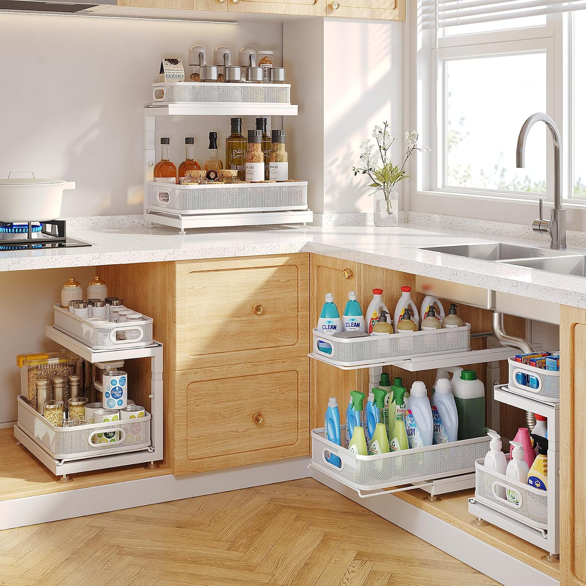 2-Pack Under Sink Storage Organizer with 2-Tier Slide Out Drawer, Sophisticated Mesh Pull Out Shelf for Kitchen & Bathroom, Fits Small Items, Upgraded Arched Track for Smooth Gliding(Patented)