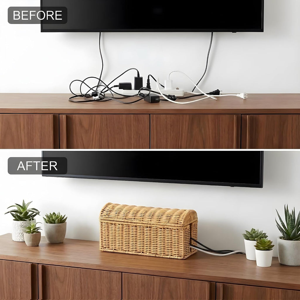 Large Rattan Cable Management Box, Decorative Large Power Strip and TV Box