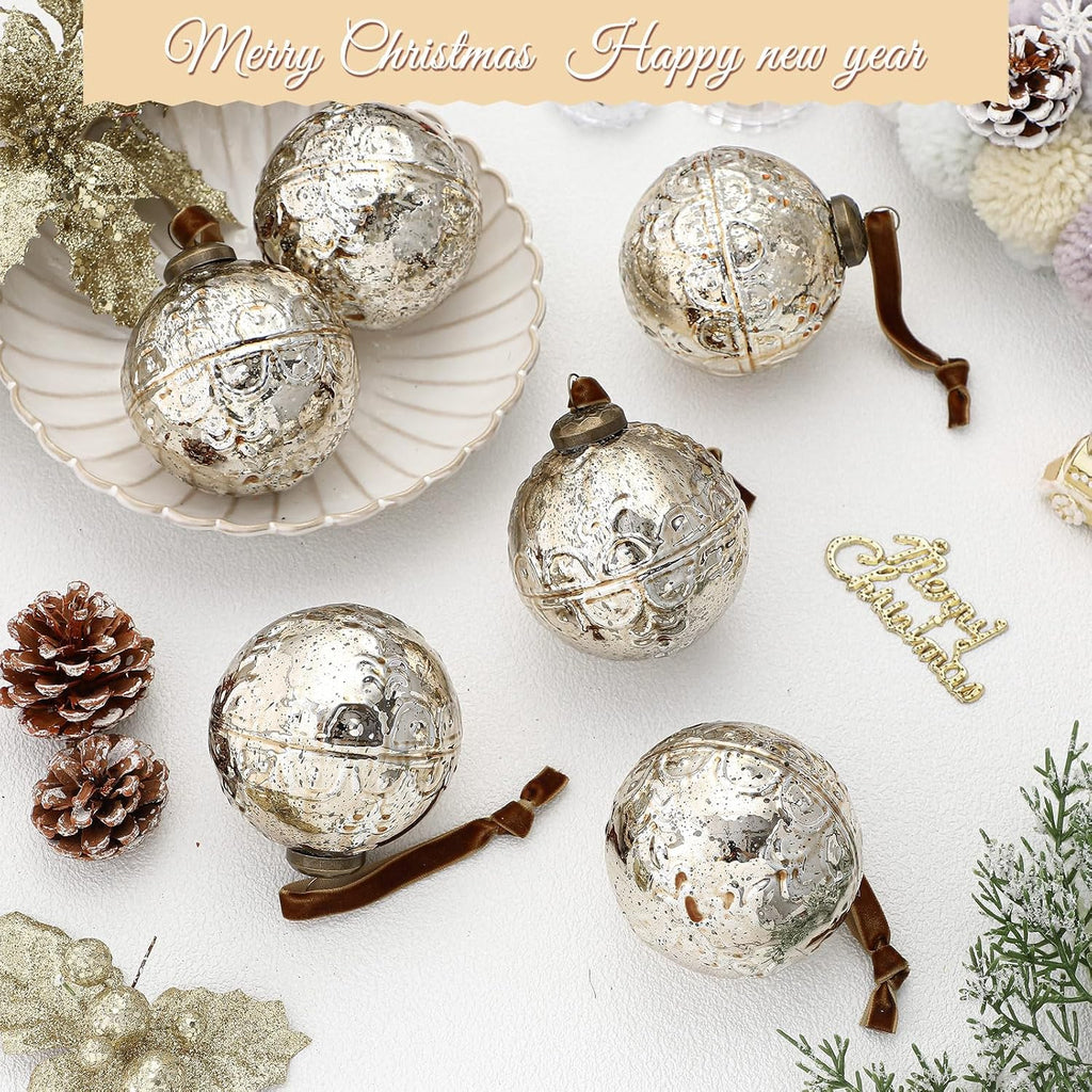 Threan 6 Pcs Champagne Gold Mercury Glass Christmas Ornaments, Etched