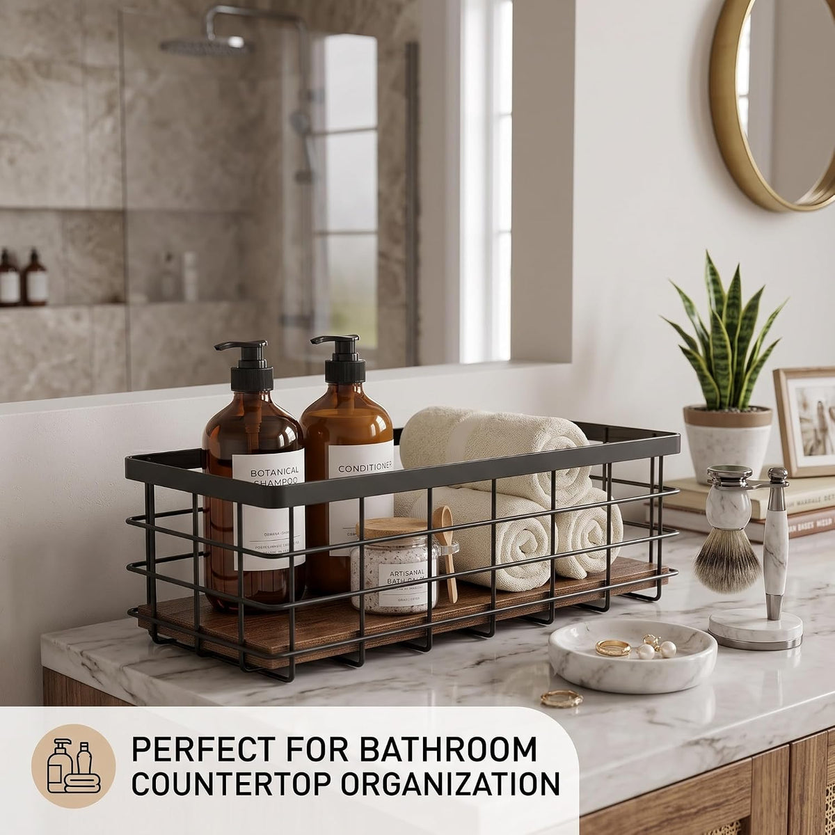 Small Black Metal Wire Storage Basket with Wood Base (Black+Brown, 2 Pack)