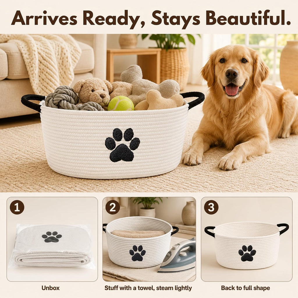 Dog Toy Basket with Handles, Cotton Rope Storage Bin Organizer for Pets