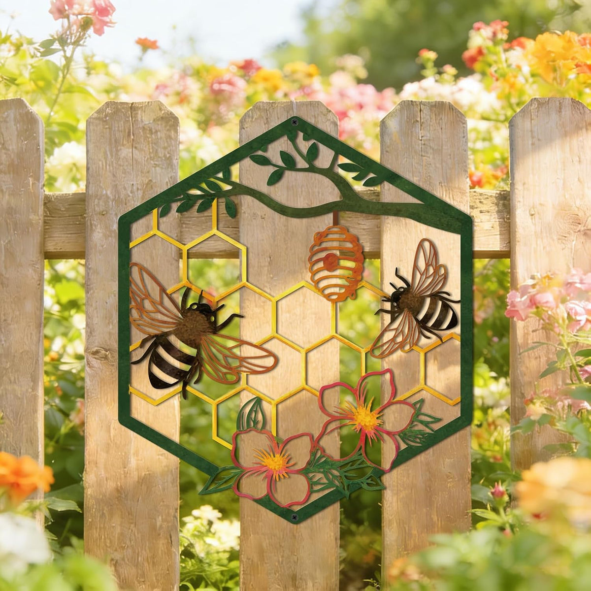 ruelen Metal Bee Wall Art-Farmhouse Honey Bee Hives with Flowers Wall Decor