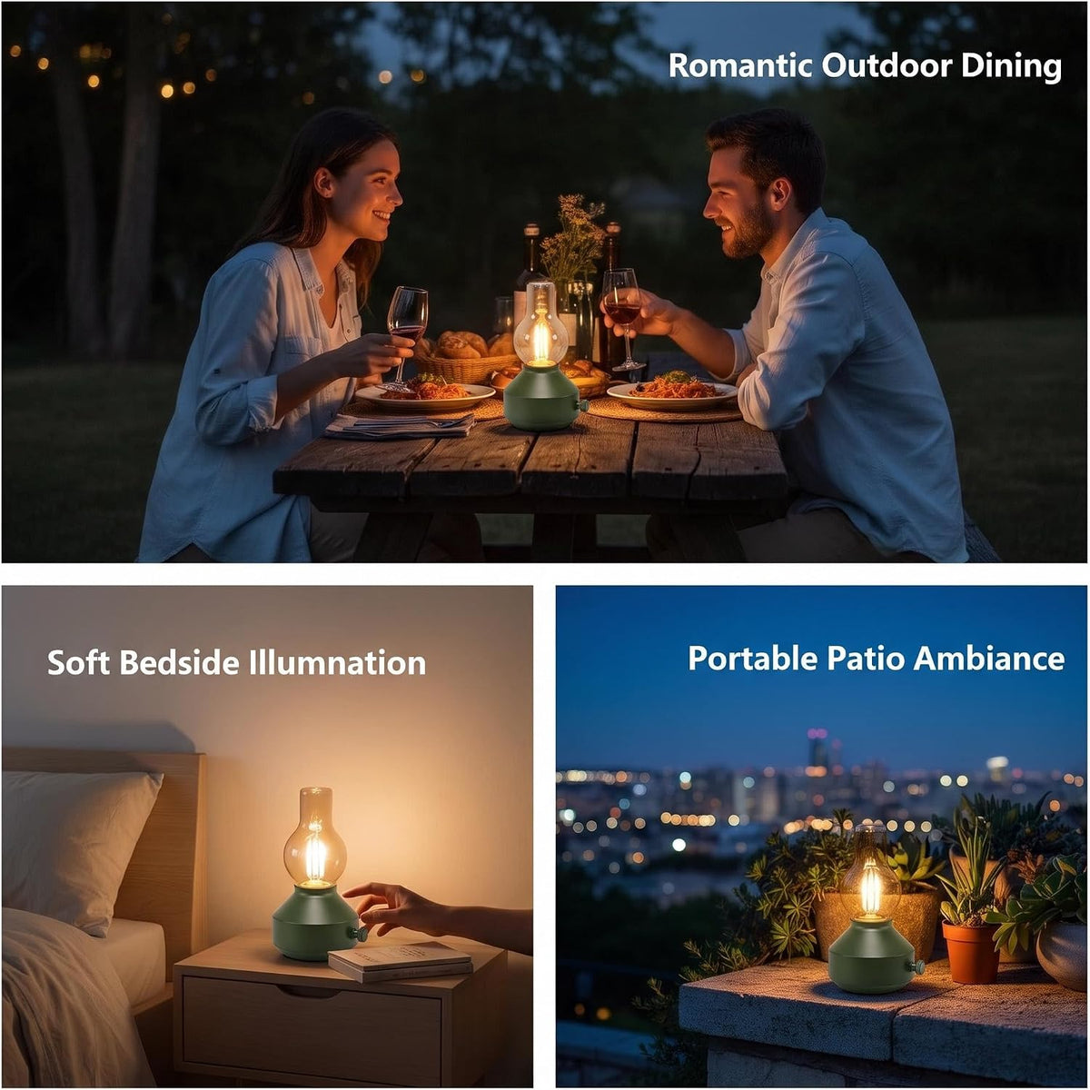 Vintage Rechargeable Cordless Table Lamp,Rotary Dimmable,Matte Green,2-Pack