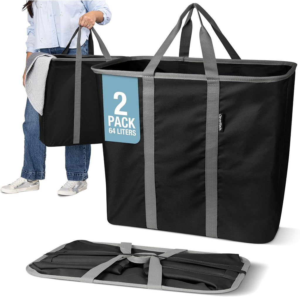 CleverMade Collapsible Laundry Caddy, 64L, 2 Pack, Black Gray