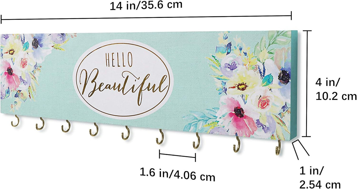 SANY DAYO HOME Wall Mount Necklace Holder Organizer with 9 Jewelry Hooks for Ring, Hair Bow, Headband, Purse - Wall Decor for Girls Room - Hello Beautiful