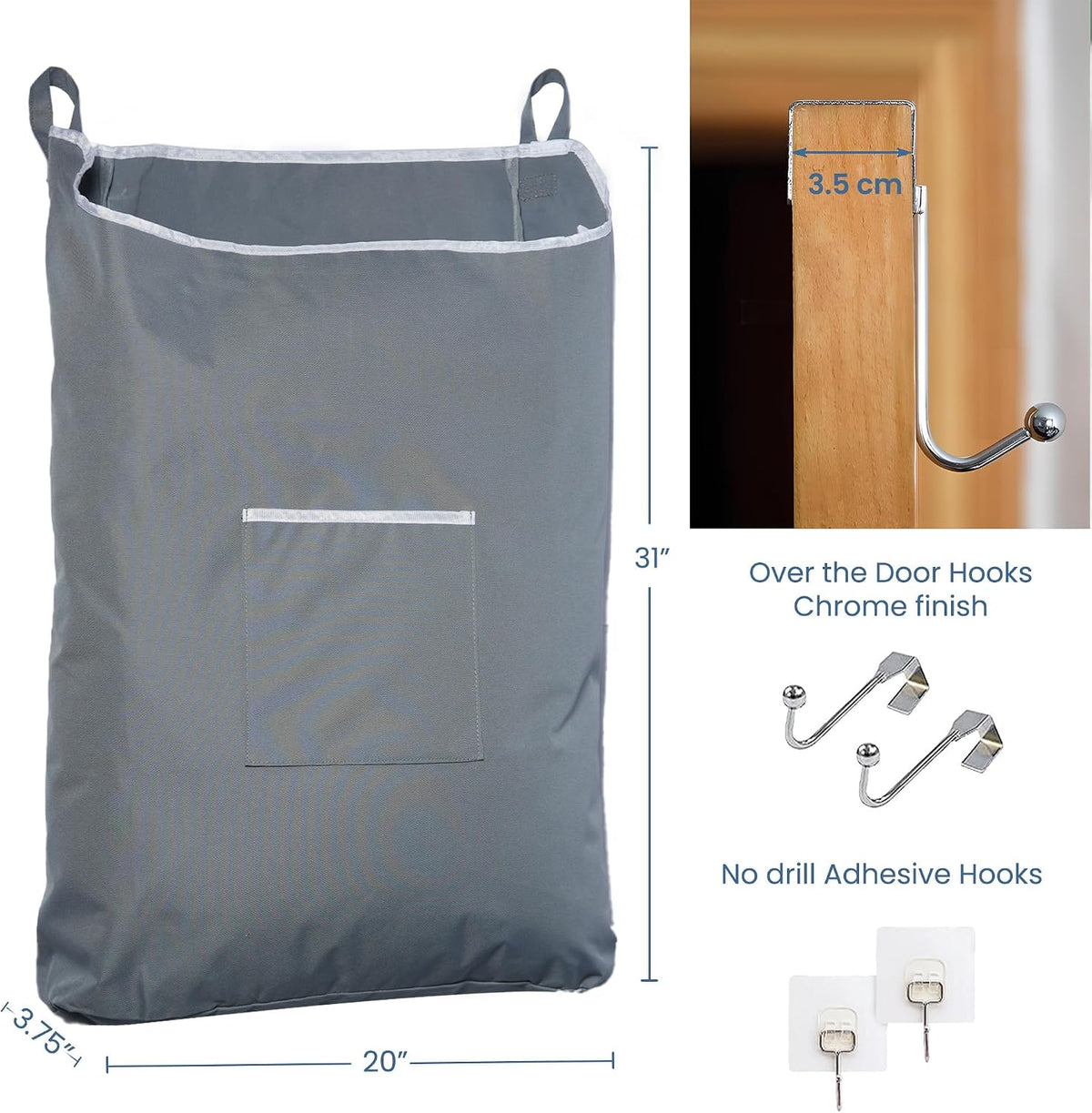 TFLC X-Large Hanging Laundry Hamper bag, 20x3.75x31", Gray-XL