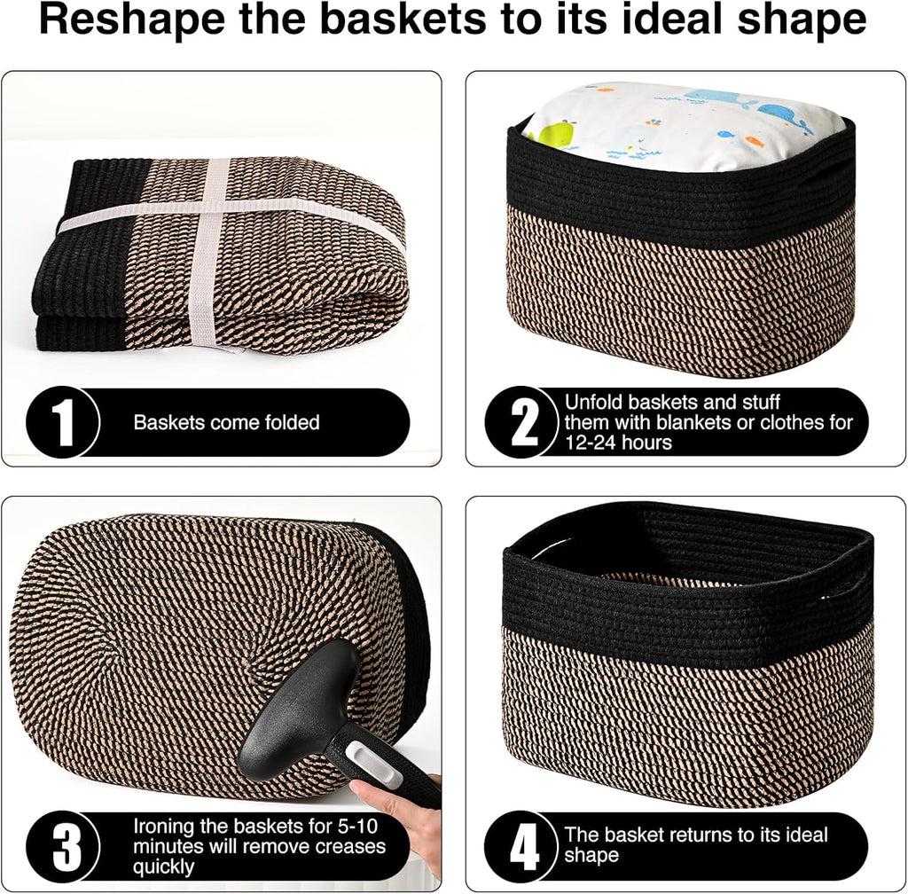 ICERZCZ Storage Baskets for Organizing Shelves, Toy Basket for Kid's Room, Woven Cotton Rope Basket for Decor, Organizing Baskets for Bedroom Living Room, 15"x11"x9.5", 3 Packs, Black & Jute