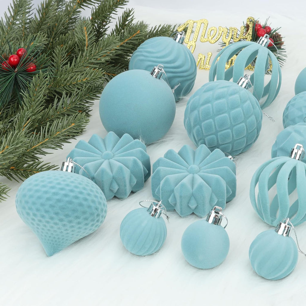 47 Pcs Velvet Christmas Ball Ornaments, Light Blue, 3 Sizes, Mixed Shapes