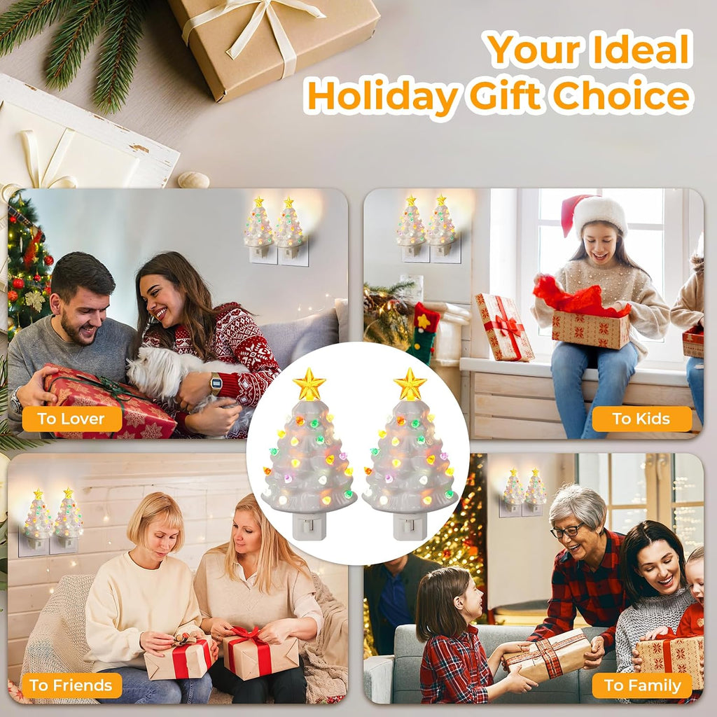 Brightever 2-Pack Ceramic Christmas Tree Night Lights, 6" H UL Certified C7 Christmas Nightlight Plug into Wall with Multicolor Bulbs, On/Off Switch, Vintage Xmas Decor for Bathroom, Bedroom - White
