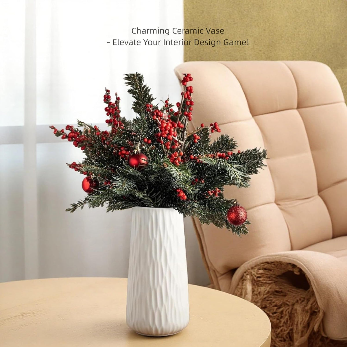 7.87" Ceramic Vase, Flower Vase, Ceramic Vase for Flowers, Vase for Dining Room, Bed Room, Reading Room, Office Decor (White1)
