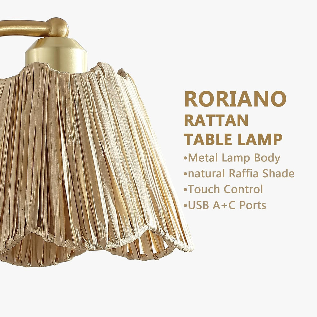 Set of 2 Boho Rattan Small Touch Table Lamps with USB C+A Ports