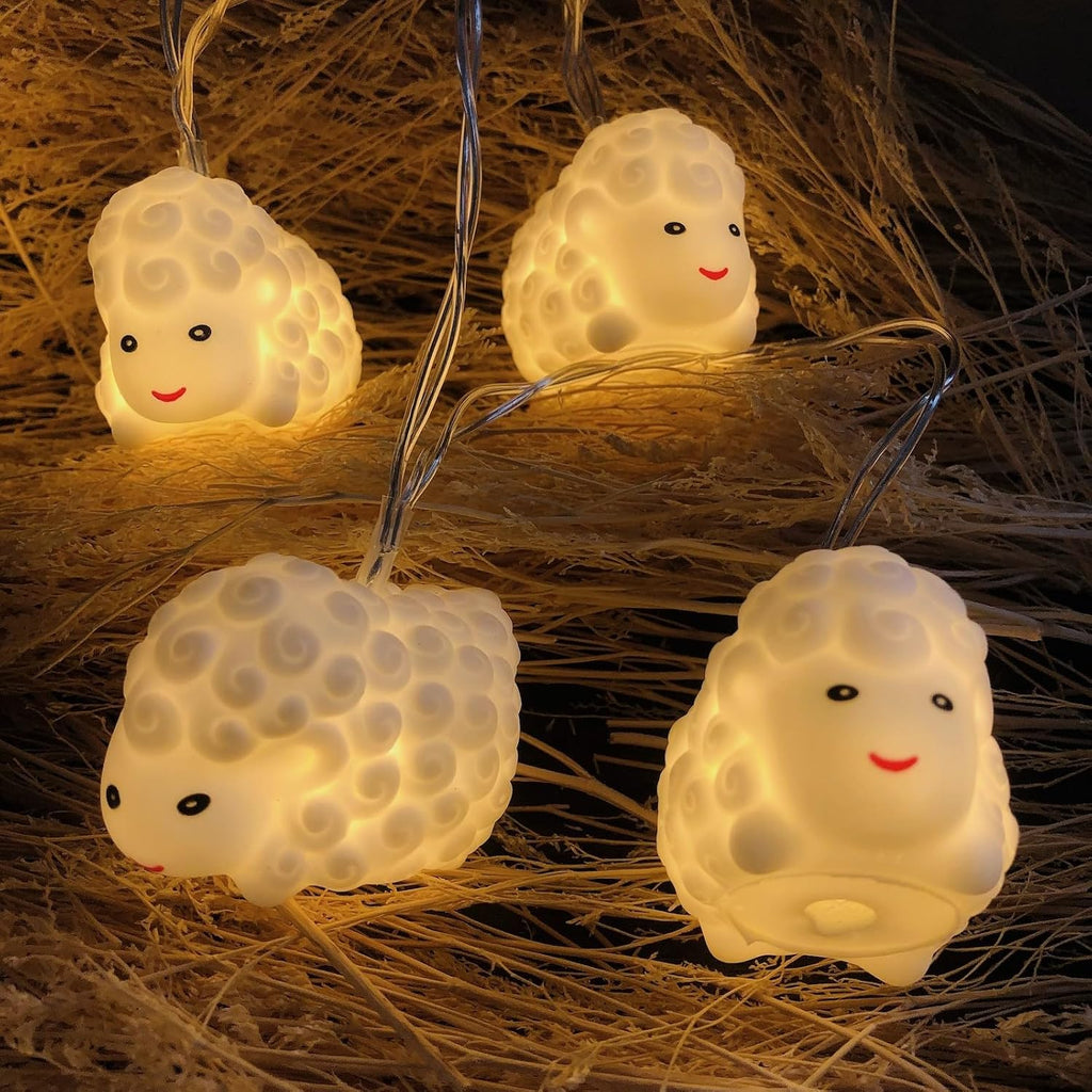 Cute Painted Sheep Night Light LED Sheep Ornaments String Lights White Sheep Fairy Light Battery Powered Indoor Outdoor Party Decor Night Light (20LED, White Sheep)