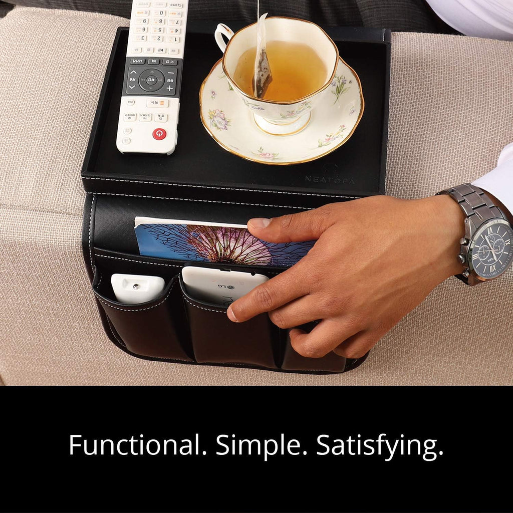 Couch Remote Caddy Control Holder Sofa Organizer with Detachable Wooden Snack Tray for Recliner Mattresses Chair Armrests with 4 Slots - 1 Large Pockets and 3 Small Pockets (Black)