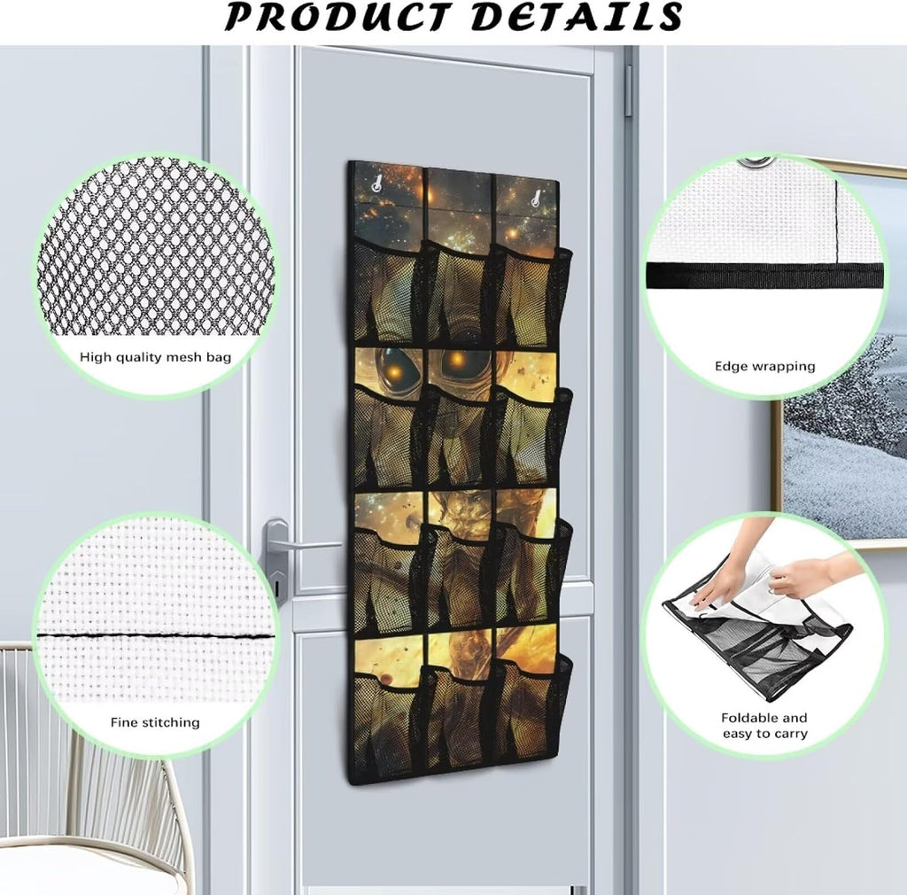 Alien Over the Door Shoe Organizer with Pockets 4 Shelf Large Shoe Organizer Door Hanger for Bathroom Small Spaces Apartment Bedroom Closet Door Hanging Storage Bag