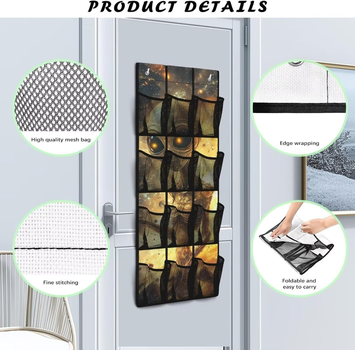 Alien Over the Door Shoe Organizer with Pockets 4 Shelf Large Shoe Organizer Door Hanger for Bathroom Small Spaces Apartment Bedroom Closet Door Hanging Storage Bag