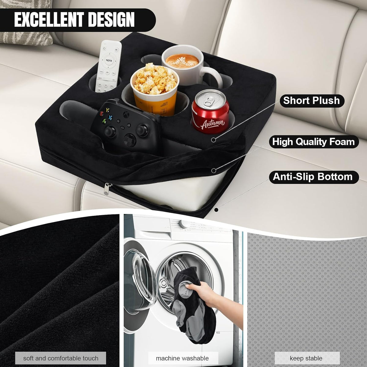 Couch Cup Holder Pillow Tray - Sofa Drink Cup Holder Cozy Buddy | Bed Caddy Organizer for Remote, Snacks Beverage, Phones, Tablet | Use it on Car, Pack, Beach, RV, Boat, Bedroom (Black)
