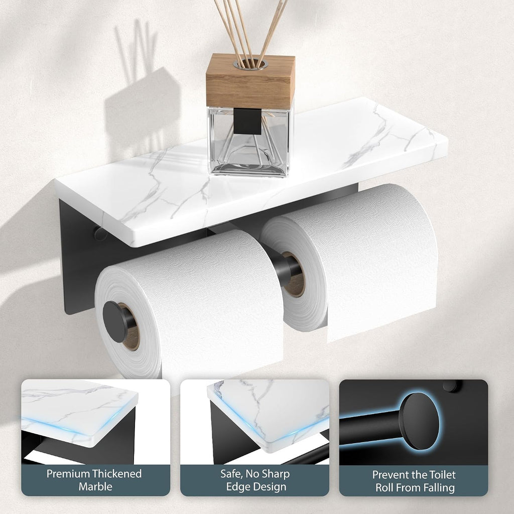 FORIOUS Double Marble Toilet Paper Holder with Phone Shelf, Mattle Black