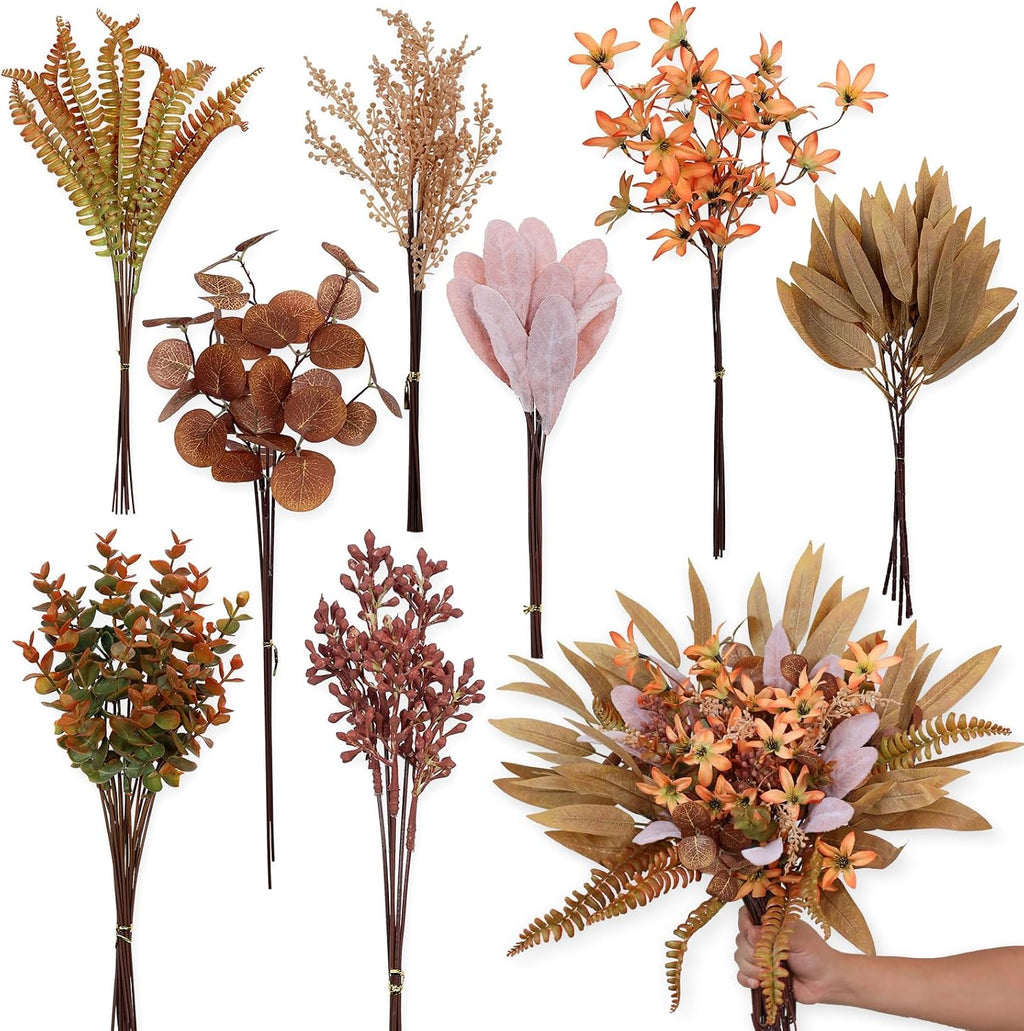 70Pcs 8 Kinds of Fall Artificial Eucalyptus Stems Box Set(Brown&Orange)