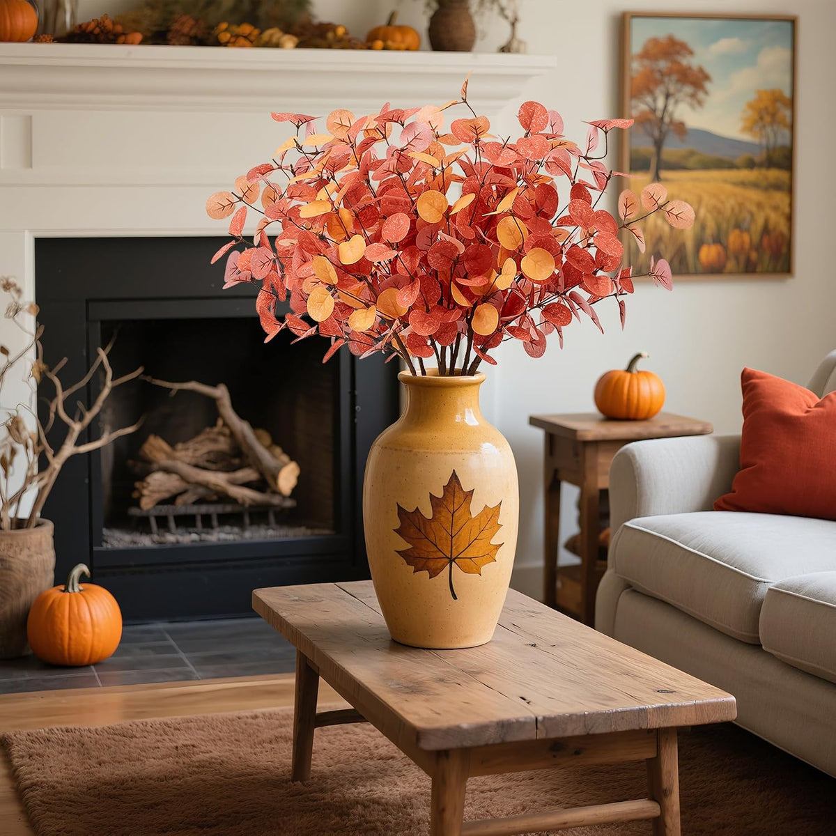 SITUMEIZI 6 Pcs Thanksgiving Decoraitons Fall Stems Eucalyptus Artificial Flowers with Eucalyptus Leaves Autumn Decor for Office and Home Fall Halloween Table Centerpiece Floral Arrangement Decor