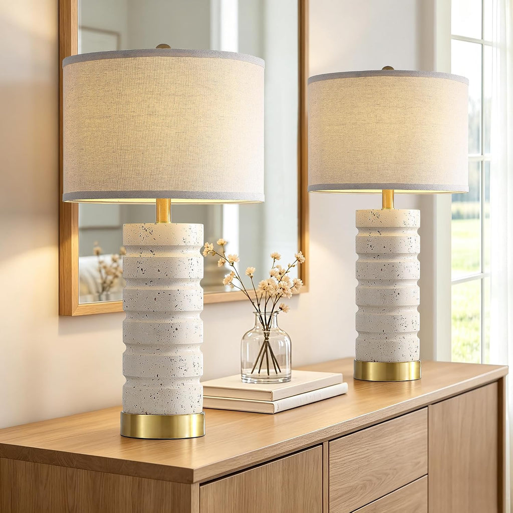 AIEAMPDO 26" Set of 2 Travertine Resin Table Lamps for Bedroom, Off-White