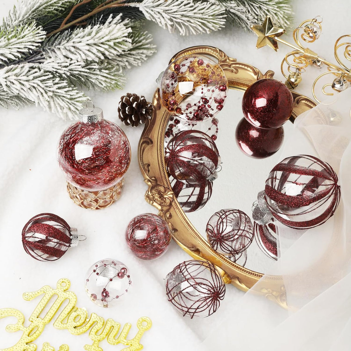 Clear Christmas Ball Ornaments,24ct Shatterproof Plastic Decorative Christmas Ornaments Hanging Xmas Tree Baubles Set with Stuffed Delicate Glittering Decorations for Holiday Home Decor(Burgundy)