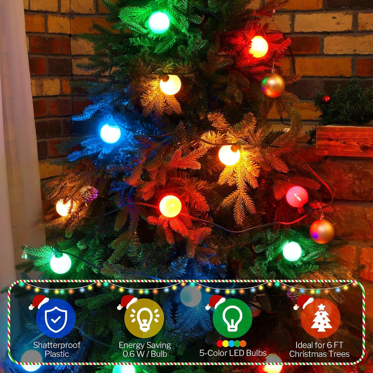G50 Globe Christmas Lights, 29 Ft Globe Christmas Tree Lights with 20 Round LED Bulbs Green Wire Connectable String Light for Yard Patio Porch Pergola Xmas Tree Decor(Colorful)