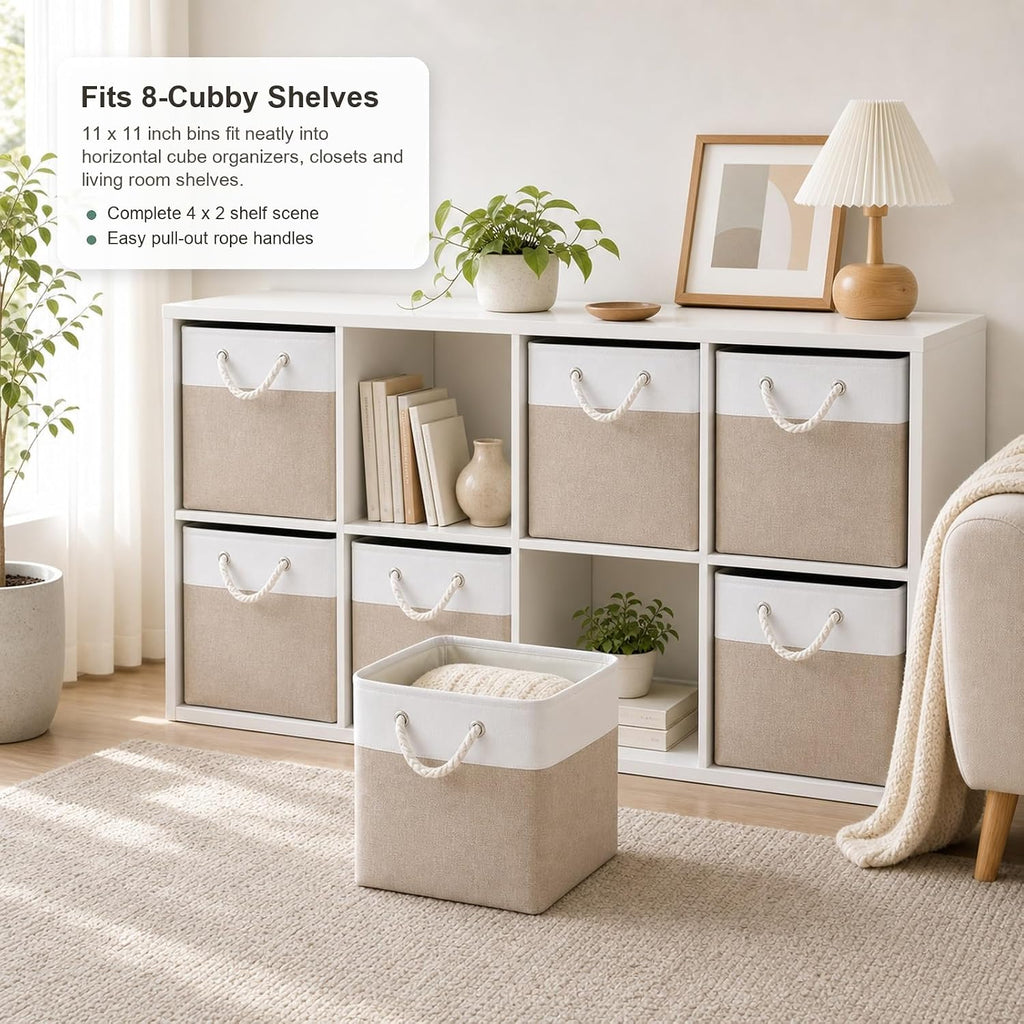 11x11 Inch Cube Storage Bins, 8 Pack Collapsible Fabric Storage Cubes with Rope Handles, Waterproof Foldable Storage Baskets for Cube Shelves, Closet, Clothes, Toys, Books, White & Beige Gold