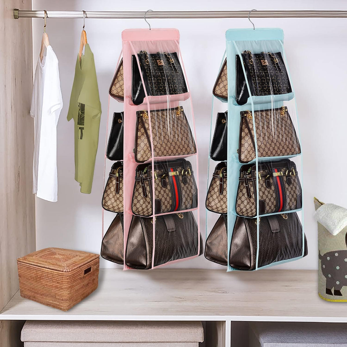 Lirex 2-Pack Handbag Hanging Purse Organizer for Closet, 8 Pocket Handbag Storage Organizer Hanger Oxford Cloth Closet Organizer for Family Closet Bedroom, Foldable and Universal Fit, Light Blue