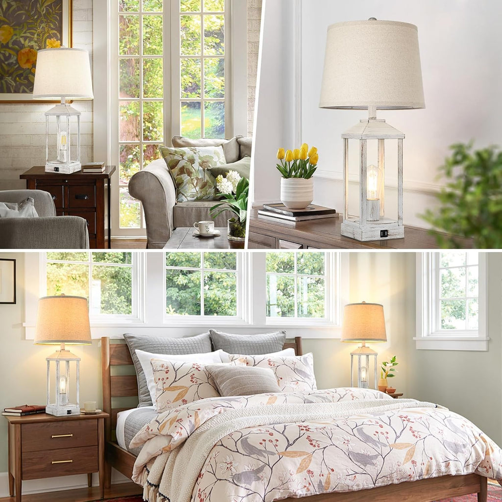 28" Farmhouse Table Lamps for Living Room Set of 2, 3-Way Dimmable Bedside Lamp with USB Ports, White Rustic Touch Control Nightstand Lamps for Bedroom, Modern Desk Lamp for Office, 4 Bulbs Included