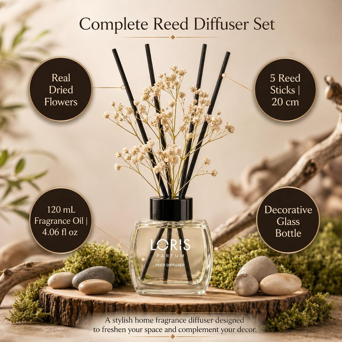 Loris Spring Breeze Reed Diffuser Set with Dried Flowers | Reed Diffusers for Home with Sticks | Bathroom Diffuser & Room Scent | Long-Lasting Home Fragrance | 120 mL / 4.06 fl oz