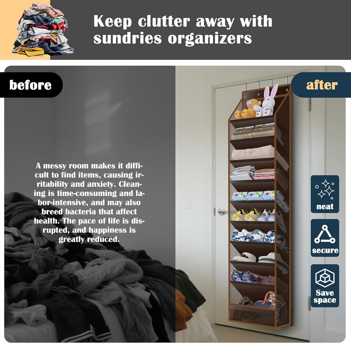 10 - Pocket Over - the - Door Hanging Shoe Organizers & Rack, Made of Sturdy 600D Oxford + Non - Woven Fabric, Space - Saving Storage for Shoes, Boots & More (Dark coffee color)