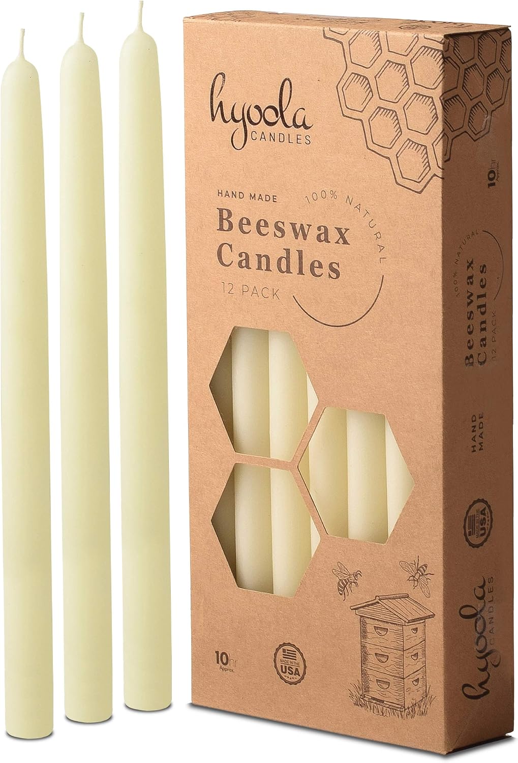 Hyoola 10" Beeswax Taper Candles 12 Pack - Handmade, All Natural, 100% Pure Unscented Bee Wax Candle - Tall, Decorative, White - 10 Hour Burn Time