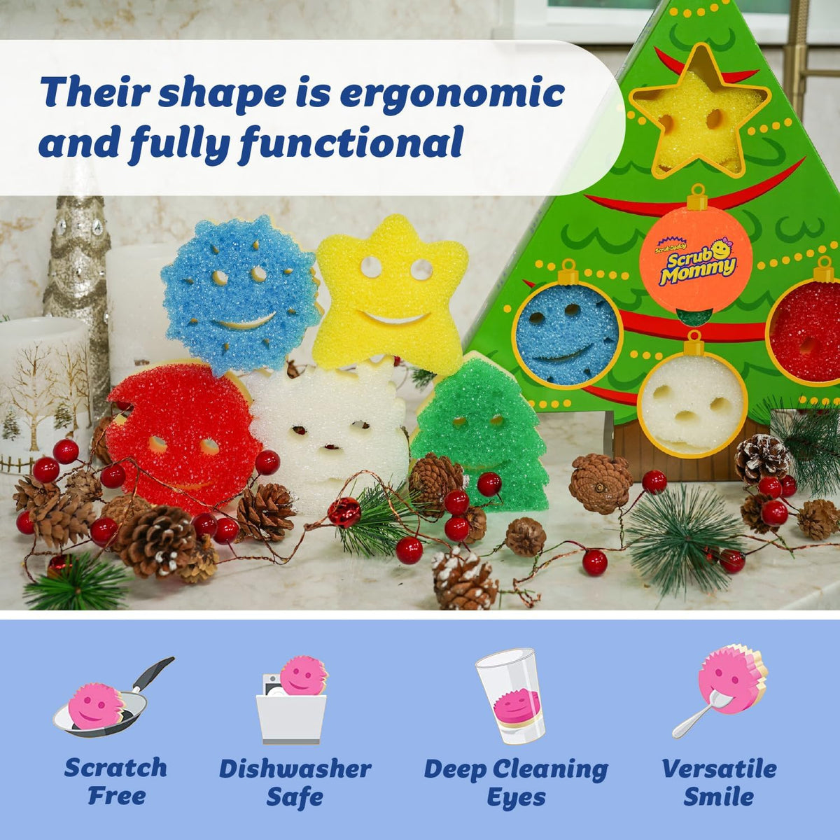 Scrub Daddy Scrub Mommy Holiday Christmas Tree Gift Box Set, Non-Scratch Christmas Cleaning Sponges for Kitchen, Dishes & Home, Dual-Sided Dish Sponges for Scrubbing, 10 Count (2 Pack of 5)