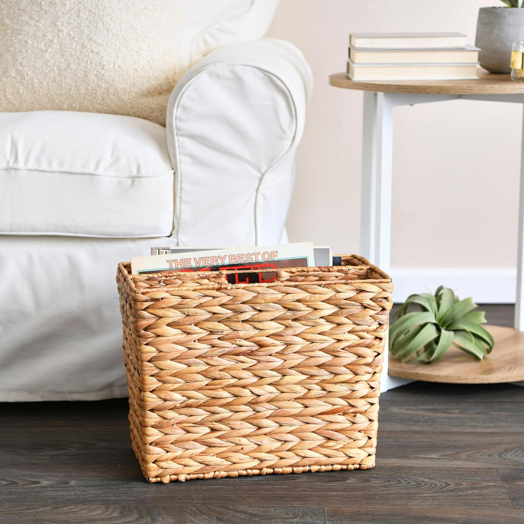 Household Essentials Side‑by‑Side Magazine Rack Decorative Storage Organizer with Handwoven Water Hyacinth and Metal Frame, Natural