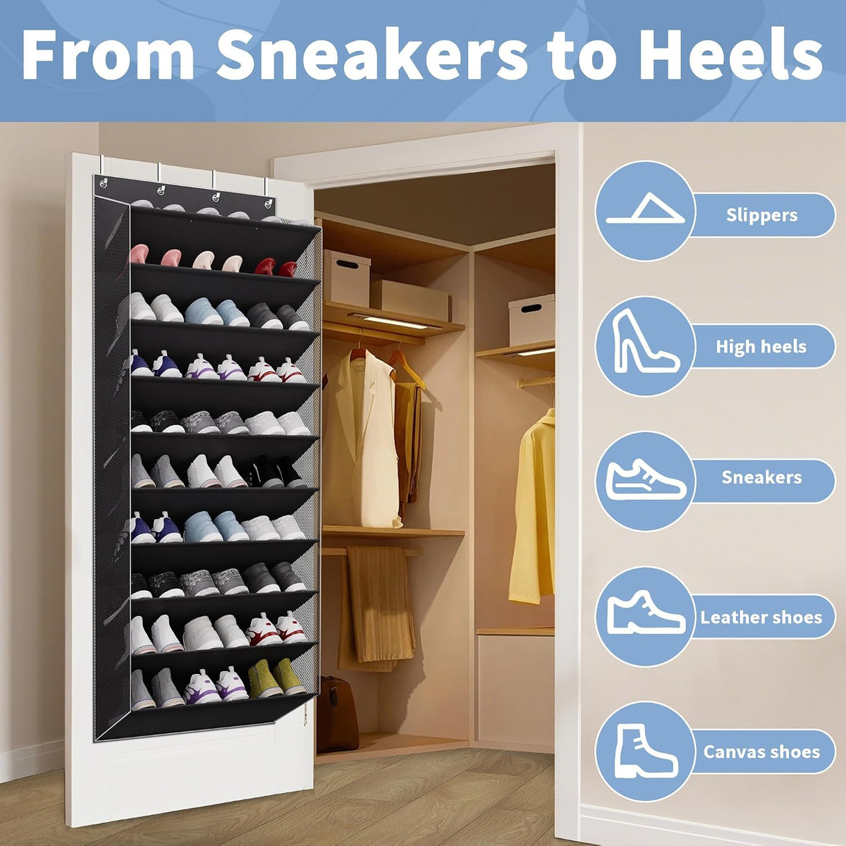 TAHAVICE 10-Tier Over The Door Shoe Organizer, Heavy Duty Hanging Storage