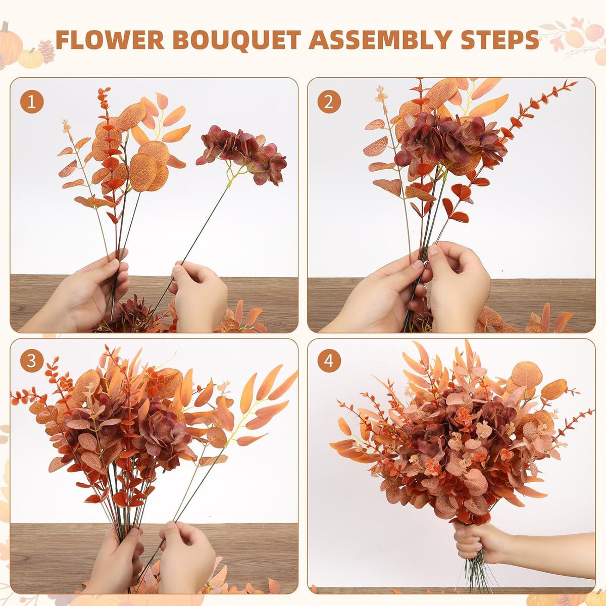 Palonu 150 Pcs Artificial Fall Eucalyptus Stems with Hydrangea Heads, Faux Red Brown Eucalyptus Leaves Bulk for DIY Autumn Wedding Bouquets, Thanksgiving Table Centerpieces, Rustic Home Decor