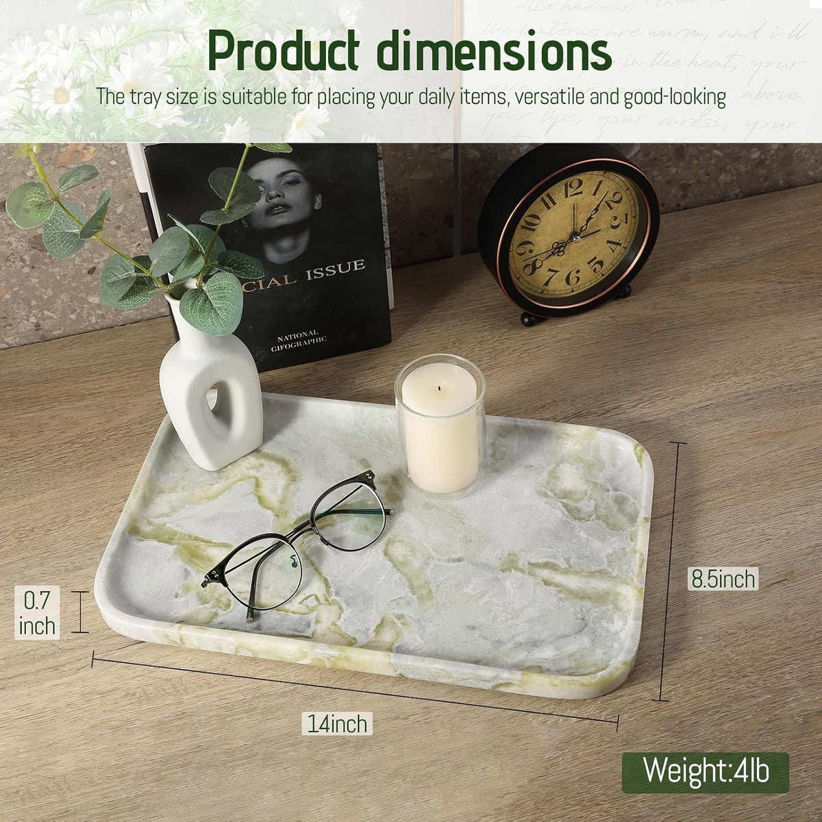 Marble Vanity Tray,14" Large Stone Bathroom Tray Countertop,Deep Green