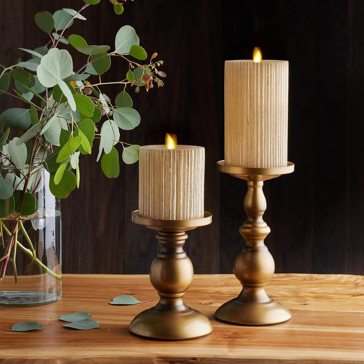 Luminara - Flameless Flickering Real Wax Moving Flame Battery Operated Unscented Candle LED Décor & Gift- Embossed Pillar Collection - Everyday Metallic Furrow, Champagne (3.25" x 6.5")