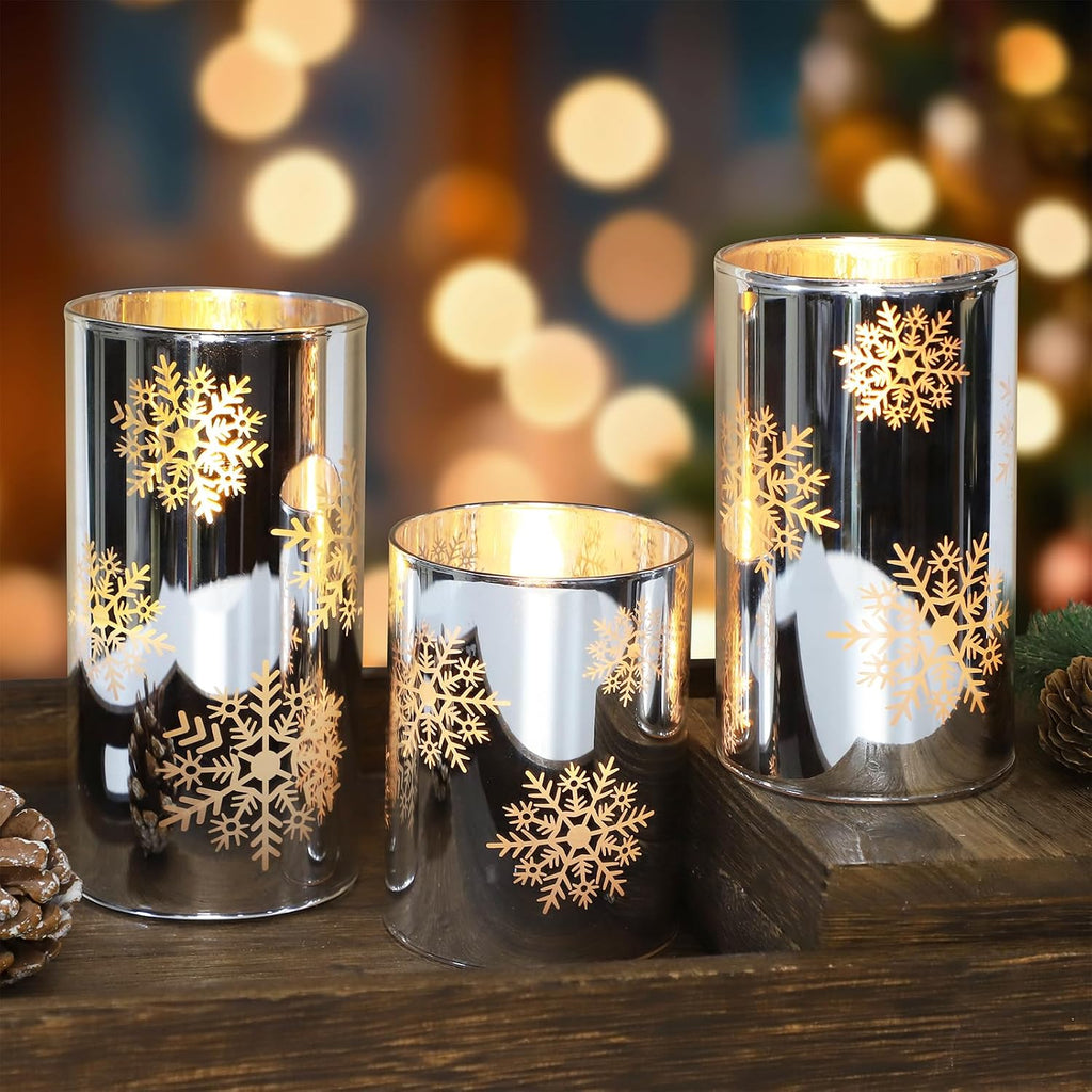 Crystal Club Christmas Flameless Candles with Remote, Set of 3, Snowflake Plating Battery Operated LED Candles, Glass Effect Pillar Candle Flickering with Remote for Home Decor