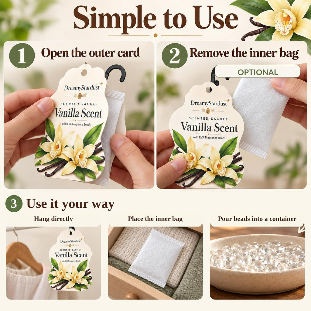 Vanilla Scented Sachets for Drawers & Closets, 6 Pack Hanging Fragrance Sachets with EVA Beads for Wardrobe, Car, Shoe Cabinet and Bathroom, 0.35 oz Each
