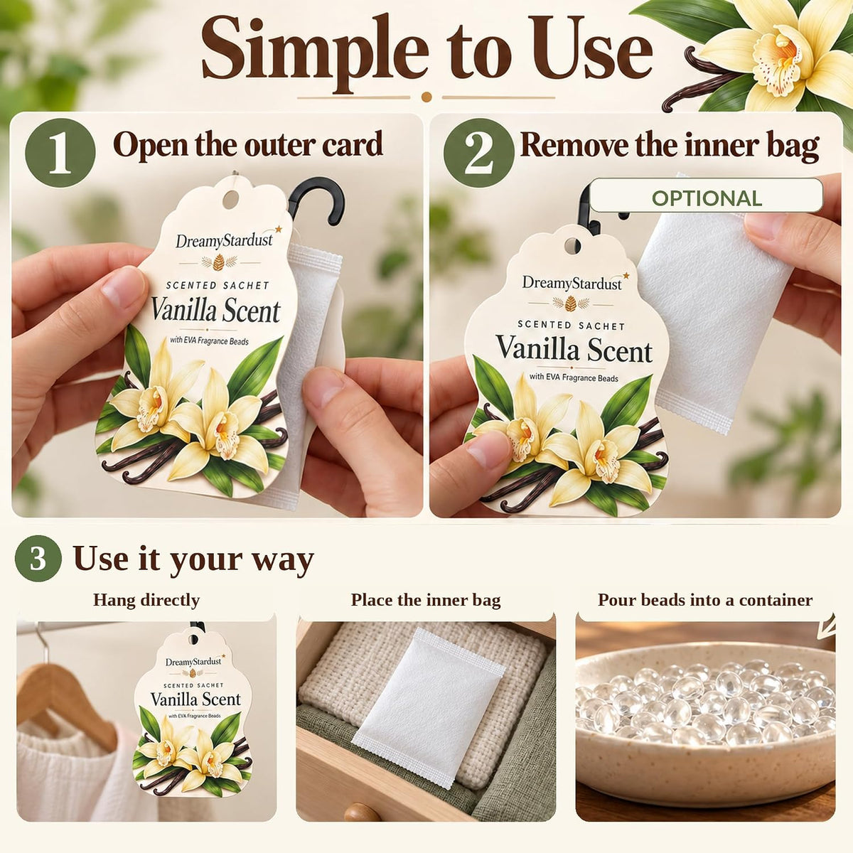 Vanilla Scented Sachets for Drawers & Closets, 6 Pack Hanging Fragrance Sachets with EVA Beads for Wardrobe, Car, Shoe Cabinet and Bathroom, 0.35 oz Each